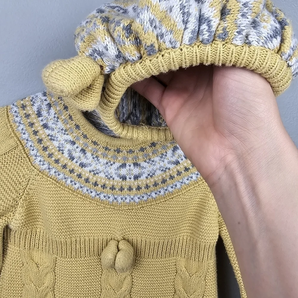 Fair Isle Cable Knit Sweater Dress And Beret Hat Yellow Gray Baby Girl's‎ 6-9 M